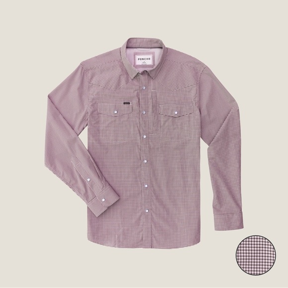 Poncho The Good Bull long sleeve maroon microcheck pearl snap button down size S - Picture 1 of 8